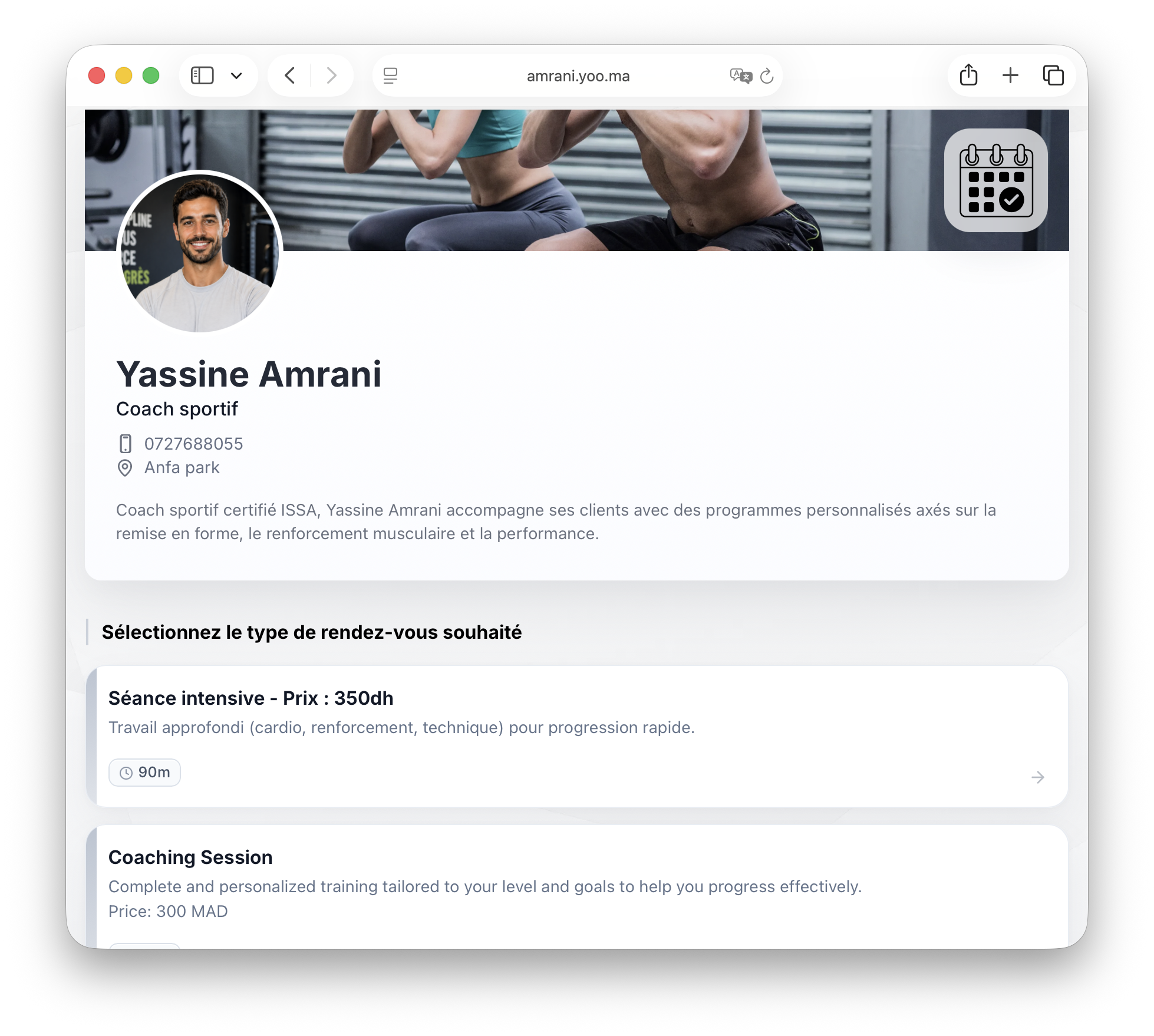 Sports coach booking page screenshot
