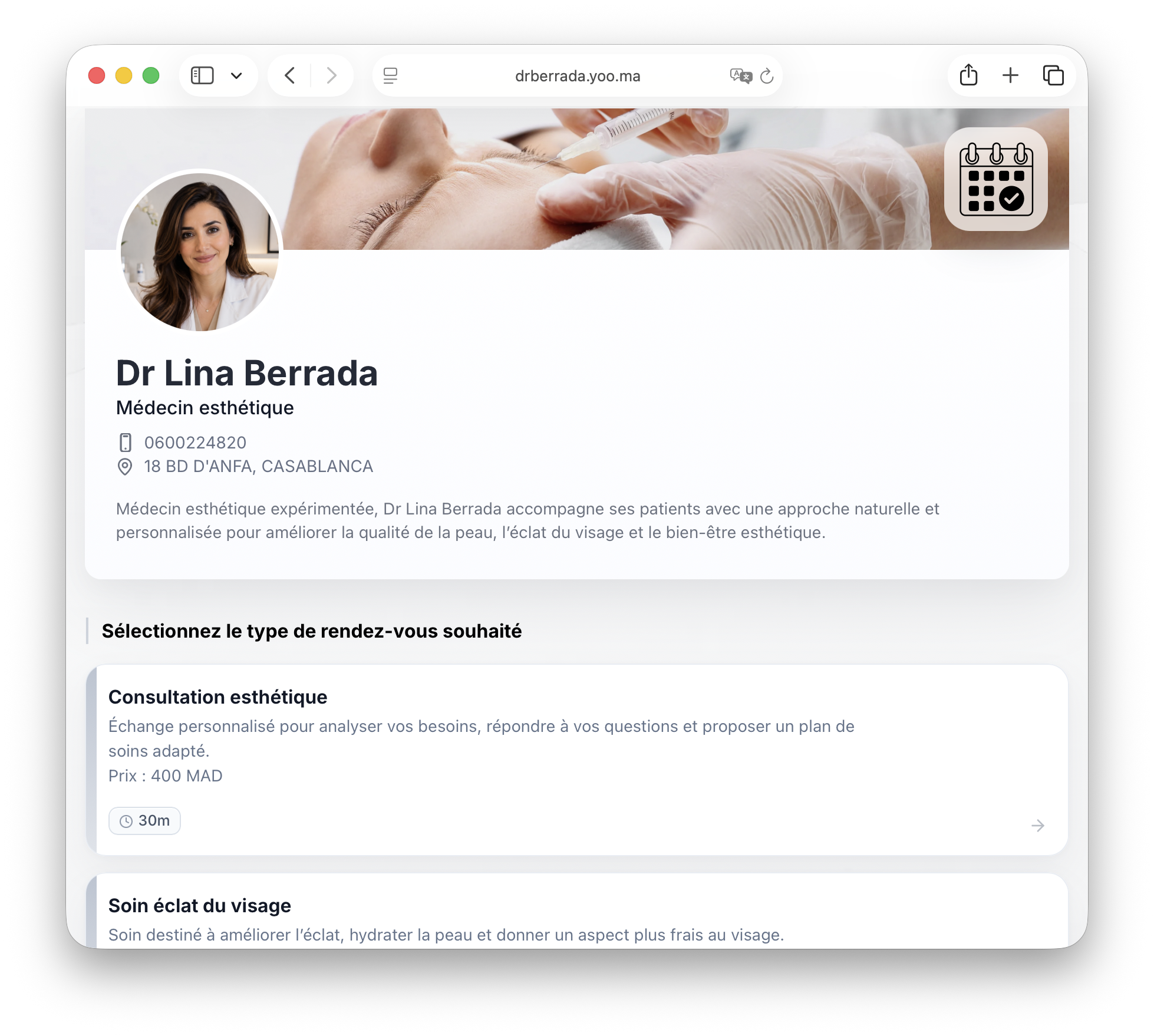 Aesthetic doctor booking page screenshot