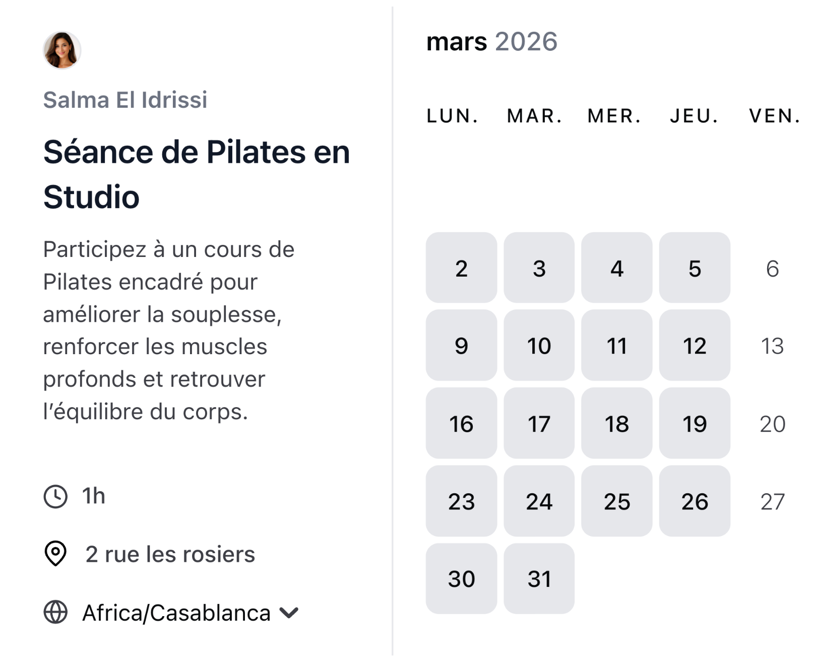 Pilates booking page preview